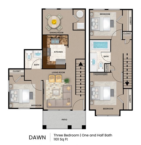 a floor plan of three bedroom one and half baths